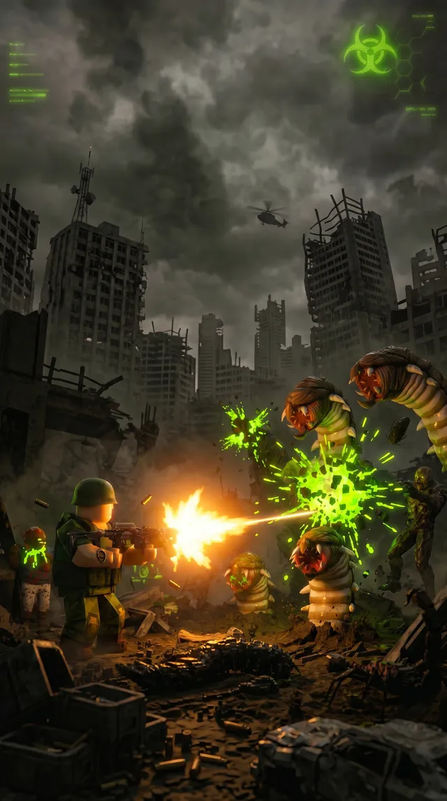 Soldier firing at mutant creatures in a ruined city