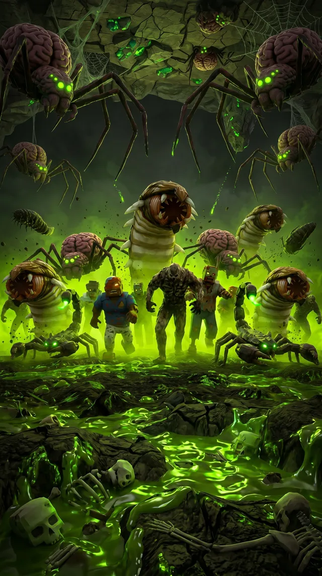 Mutant insects and zombies advancing through toxic terrain